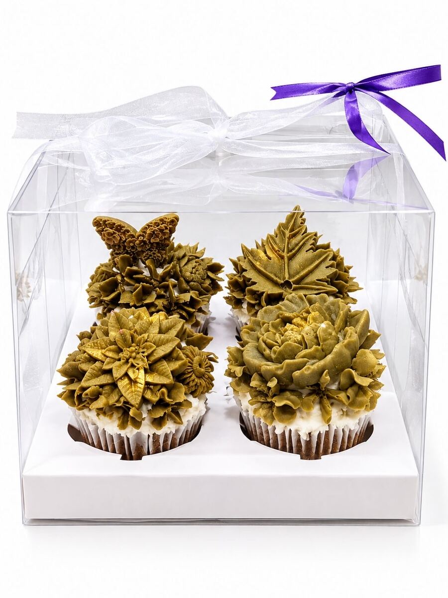 Matcha box of four cupcakes with gold-dusted peony, leaf and butterfly toppers