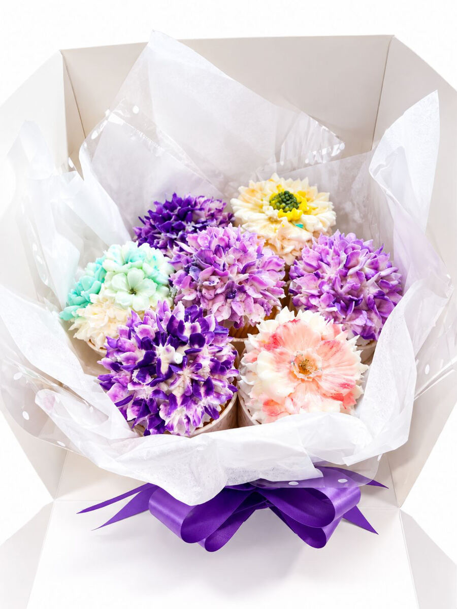 Purple and lilac chrysanthemum cupcake bouquet in a gift box, Gold Coast